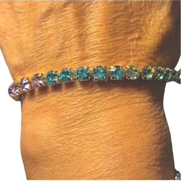Jewelry - NEW Gold Tone Multi Colored Stone Tennis Bracelet 8" Blue Pink Green